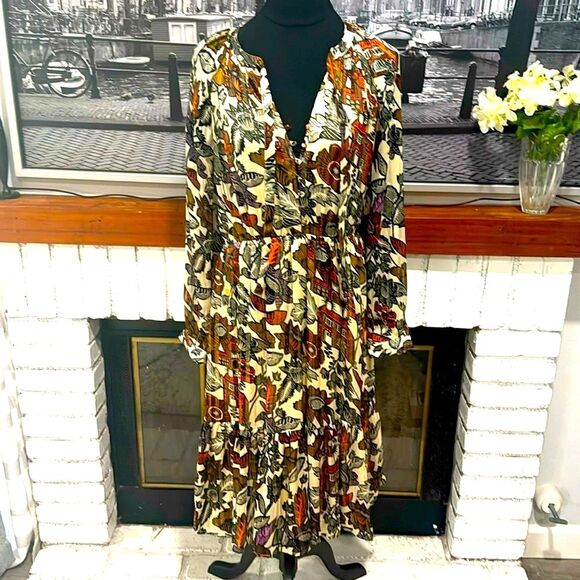 Scotch & Soda Dress Floral Front Tie Bow Midi Small Black Orange Ivory Boho - Picture 1 of 11